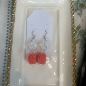 #32 carved Jasper Handmade Coral Pink Carved Bead Drop Earrings